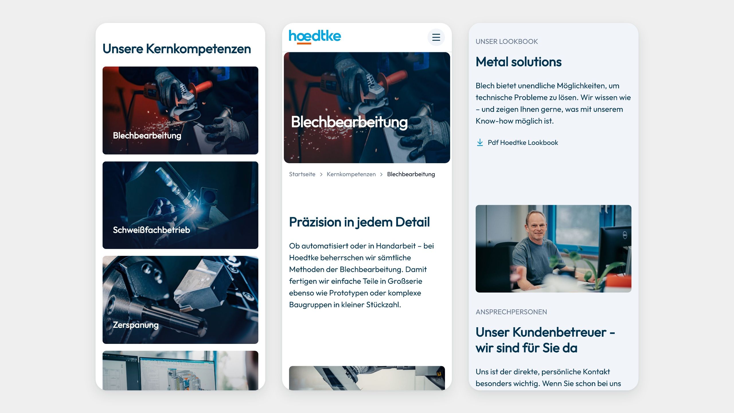 Kernkompetenzen, Detailseite Blechbearbeitung und Ansprechpartner auf dem Handy