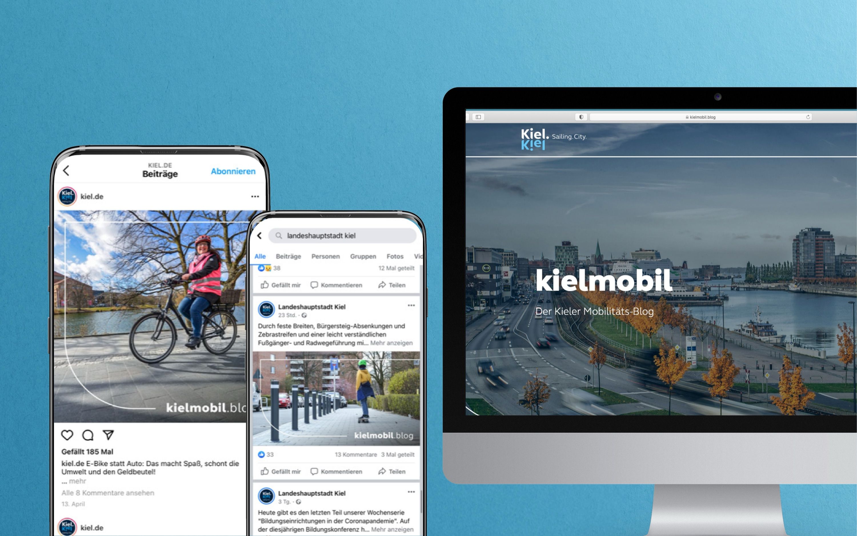 Der Mobilitätsblog kielmobil.blog auf dem Monitor, daneben die Social-Media-Kanäle der Stadt