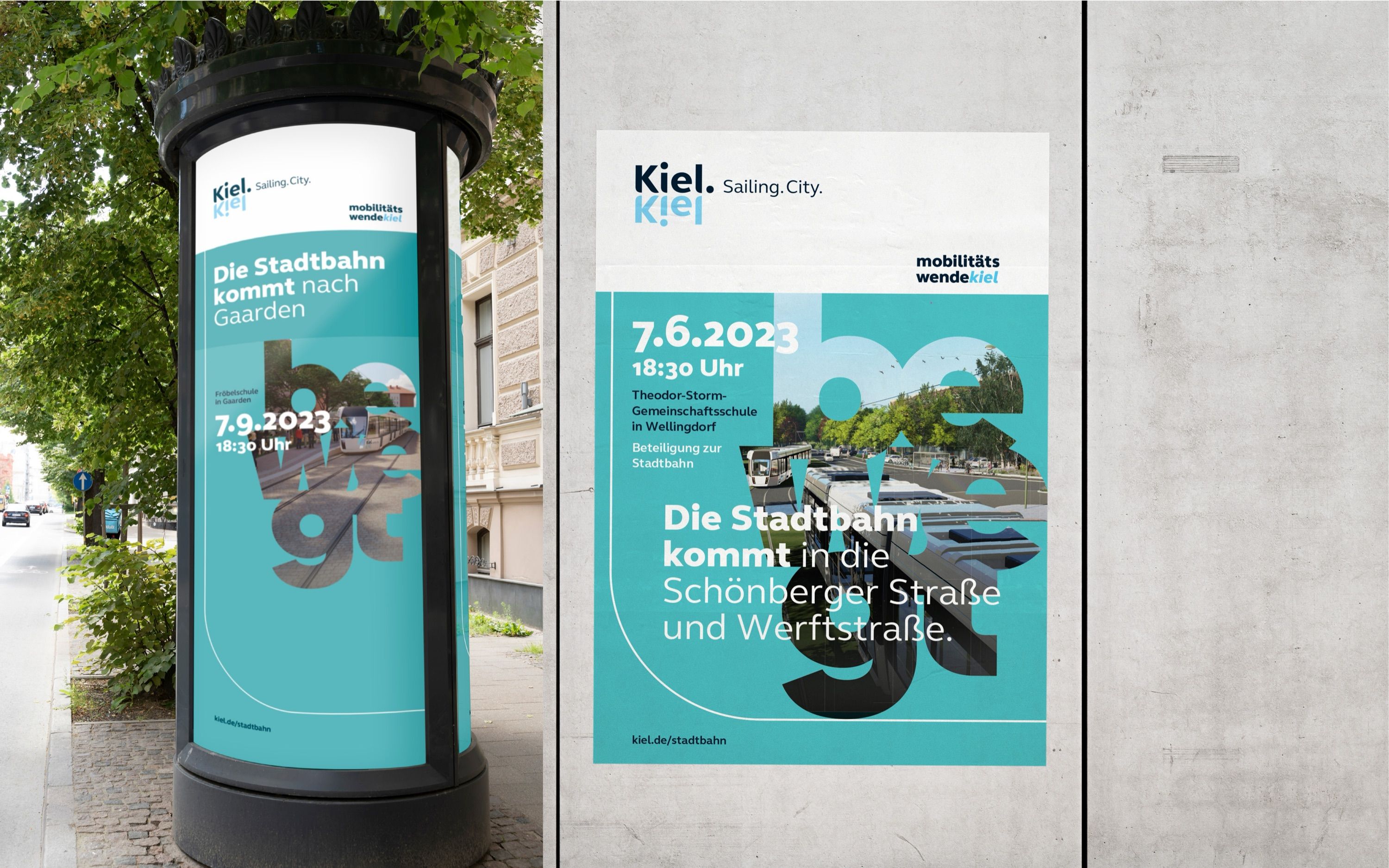 Litfaßsäule und Plakat: „Die Stadtbahn kommt nach Gaarden"