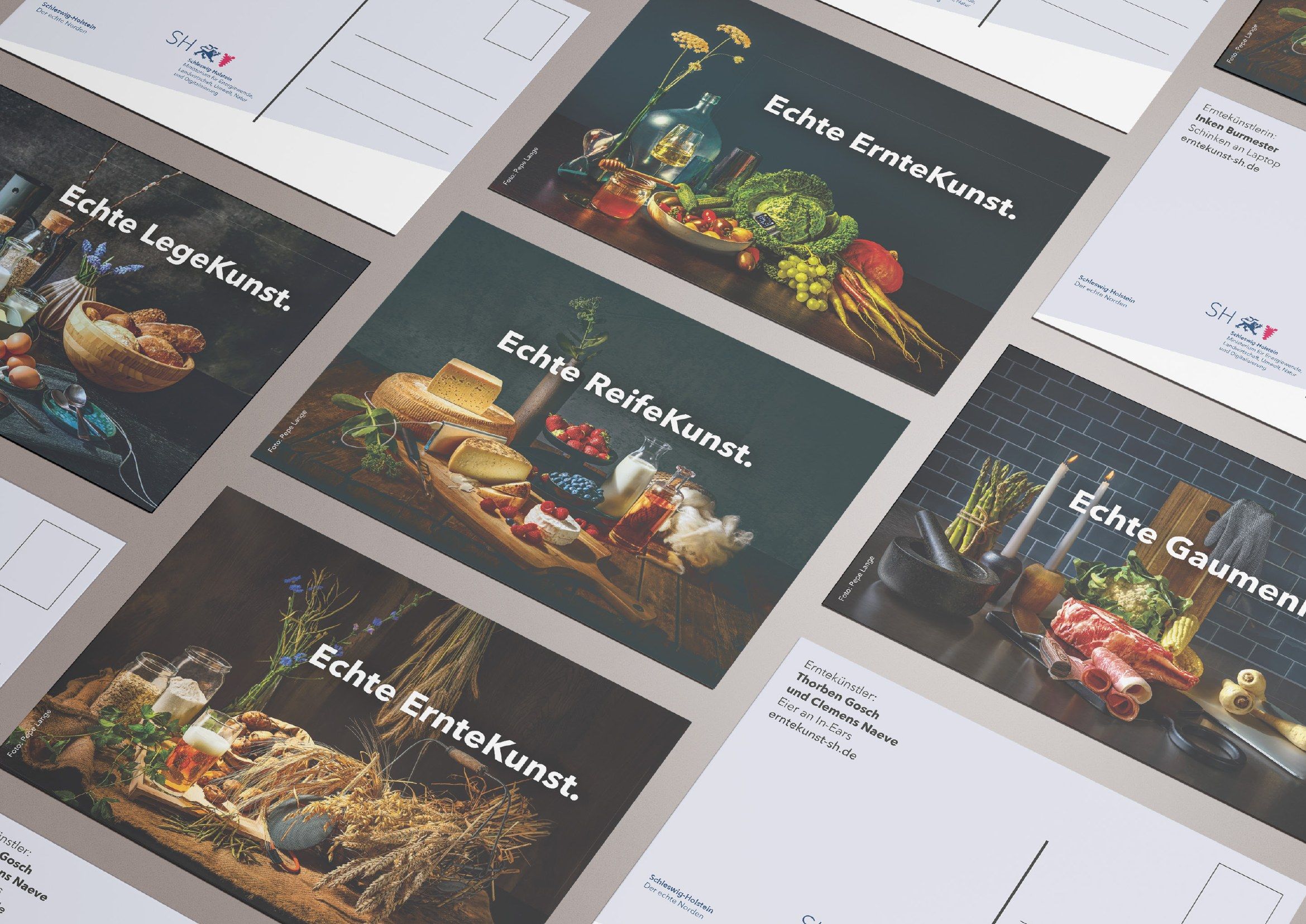 Postkartenserie mit den Motiven ErnteKunst, LegeKunst, ReifeKunst und GaumenKunst