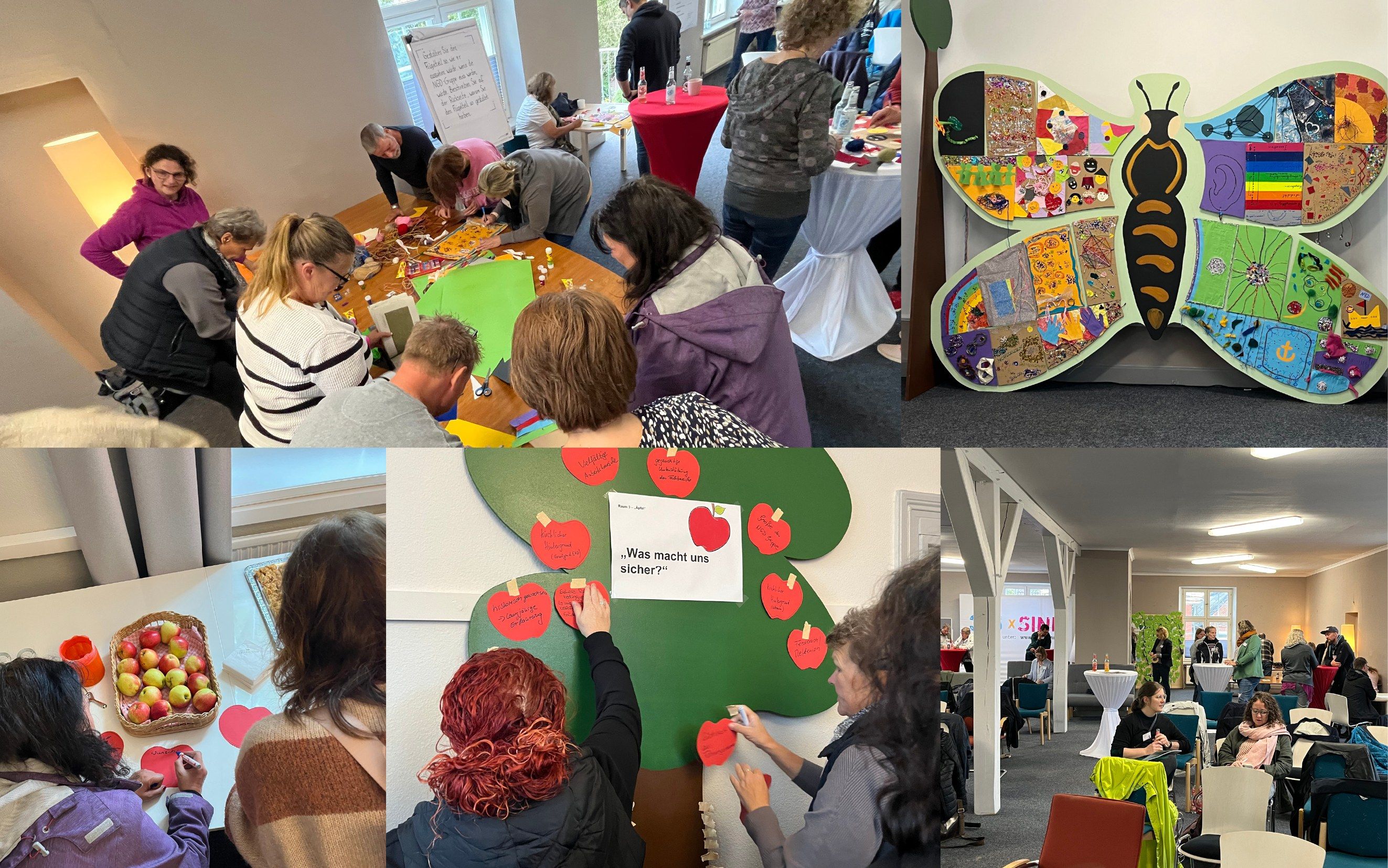 Kreativworkshop mit Mitarbeitenden, gemeinsam gestaltetes Wandobjekt