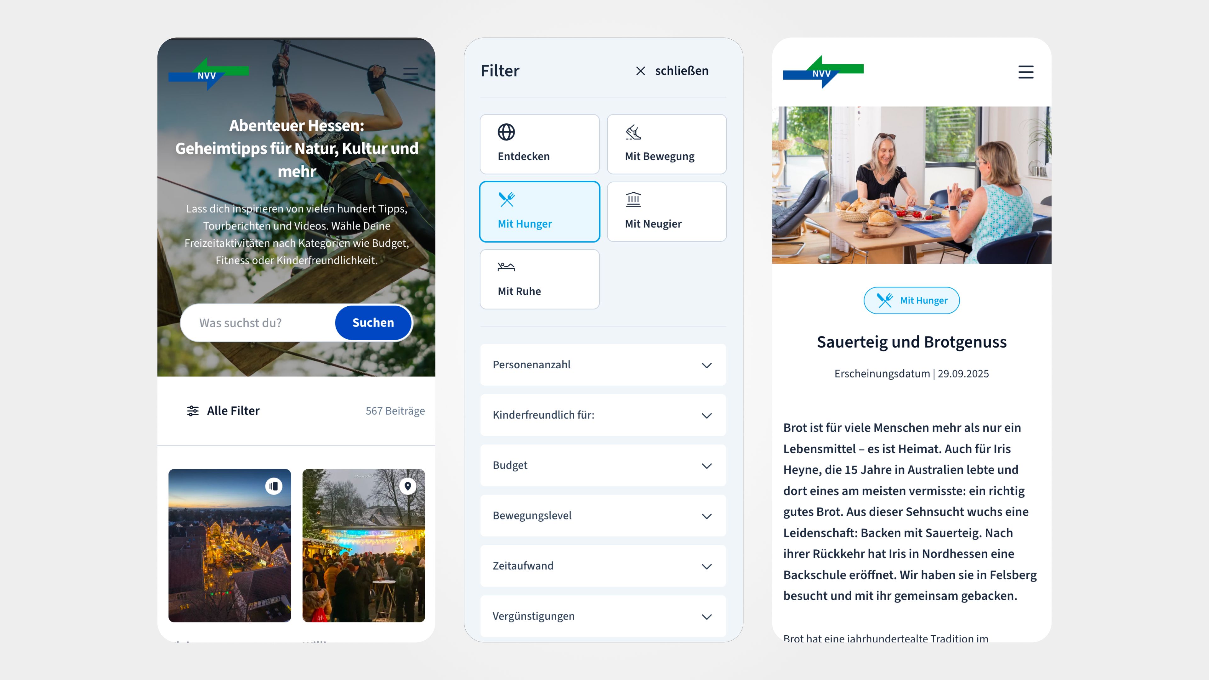 Übersicht, Filter und ein Beitrag auf dem Handy