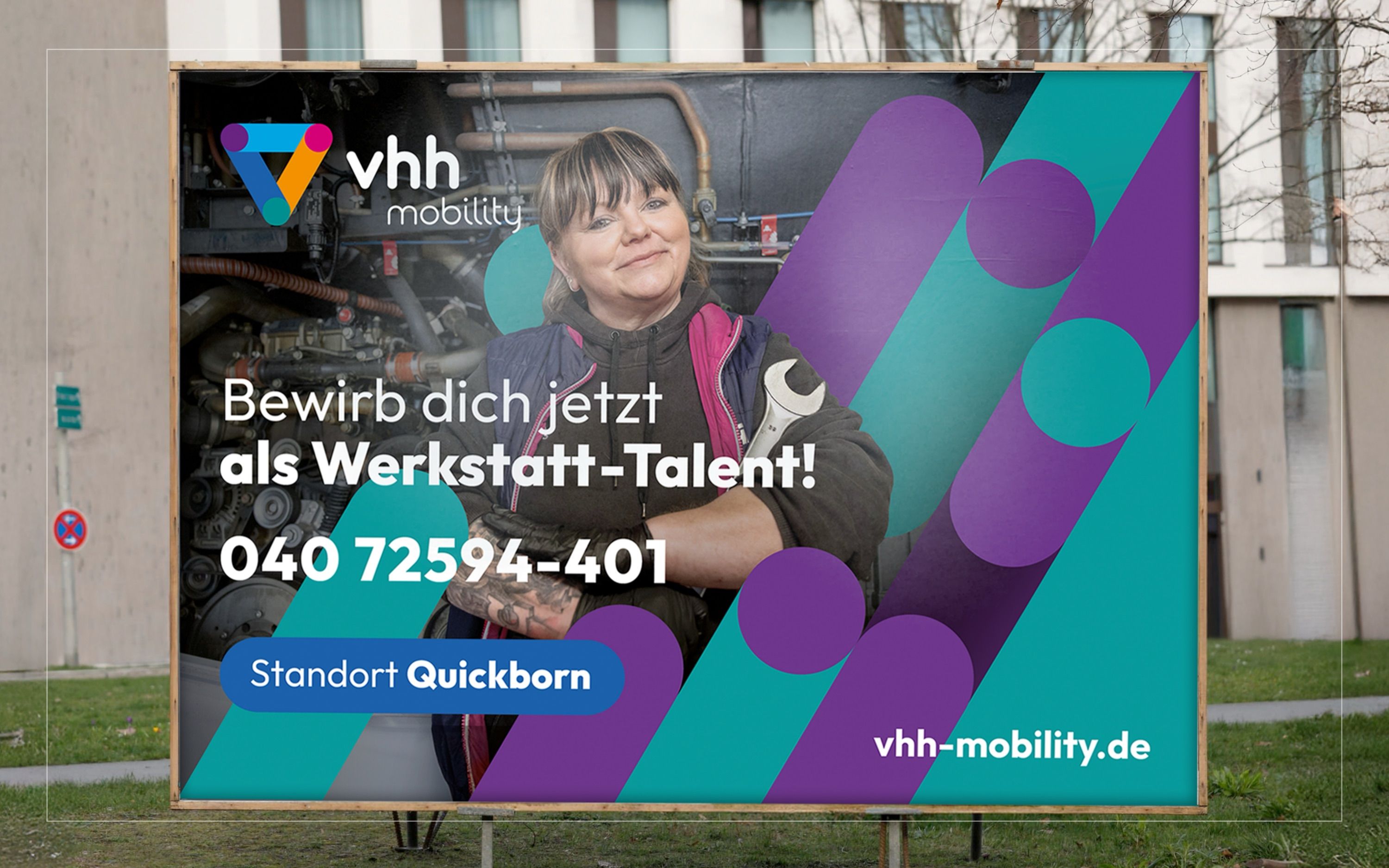 Großflächenplakat „Bewirb dich jetzt als Werkstatt-Talent" am Standort Quickborn