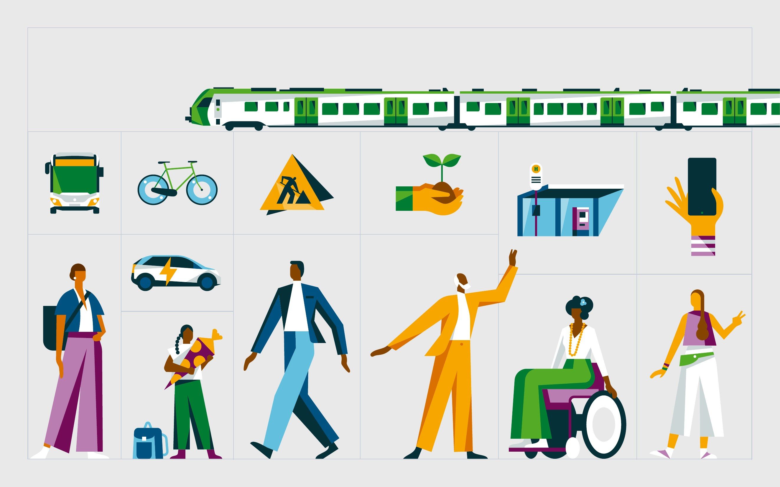 Illustrationsstil des VRR: Figuren, Verkehrsmittel und Symbole