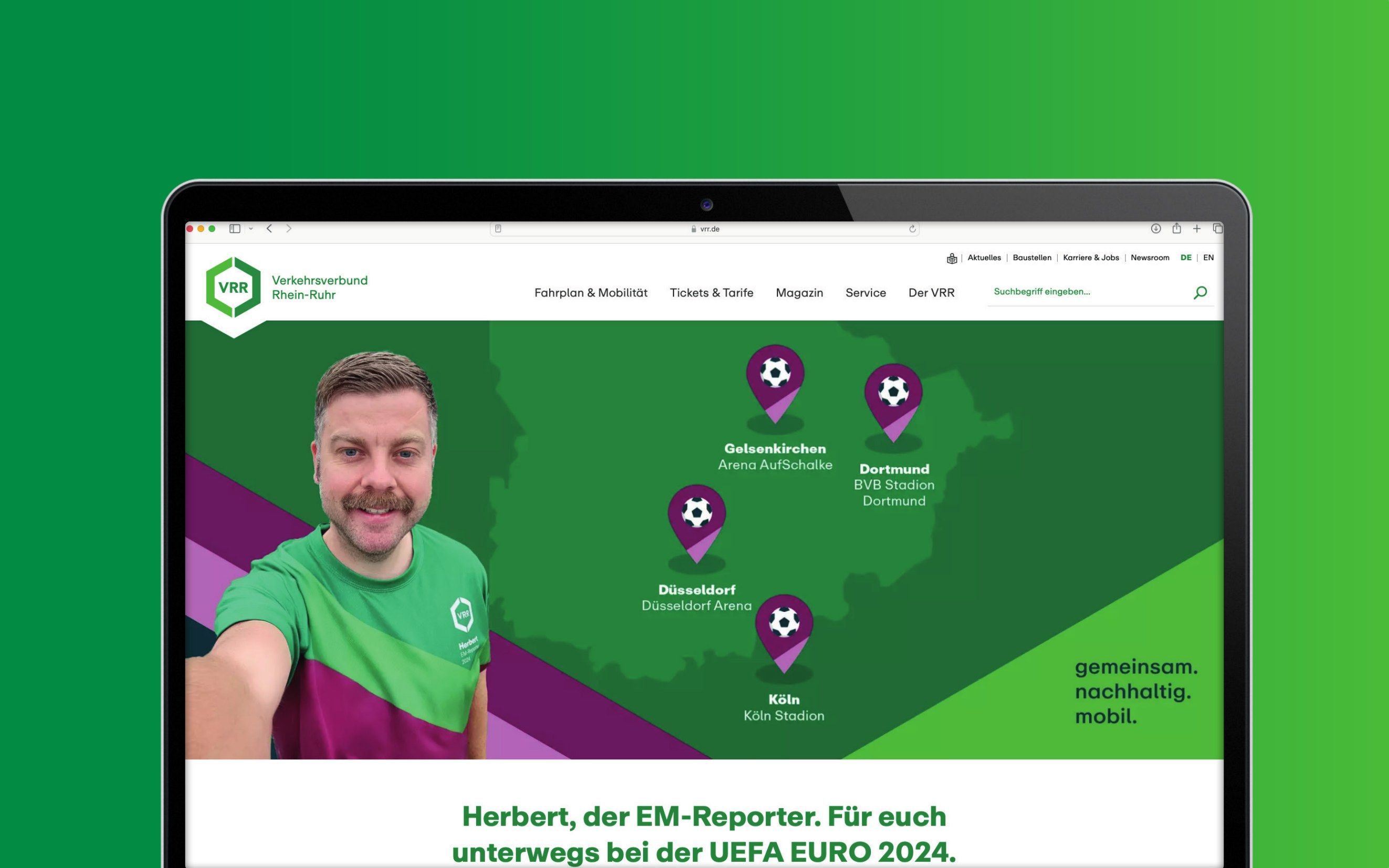 Landingpage des VRR mit dem EM-Reporter und den Spielorten